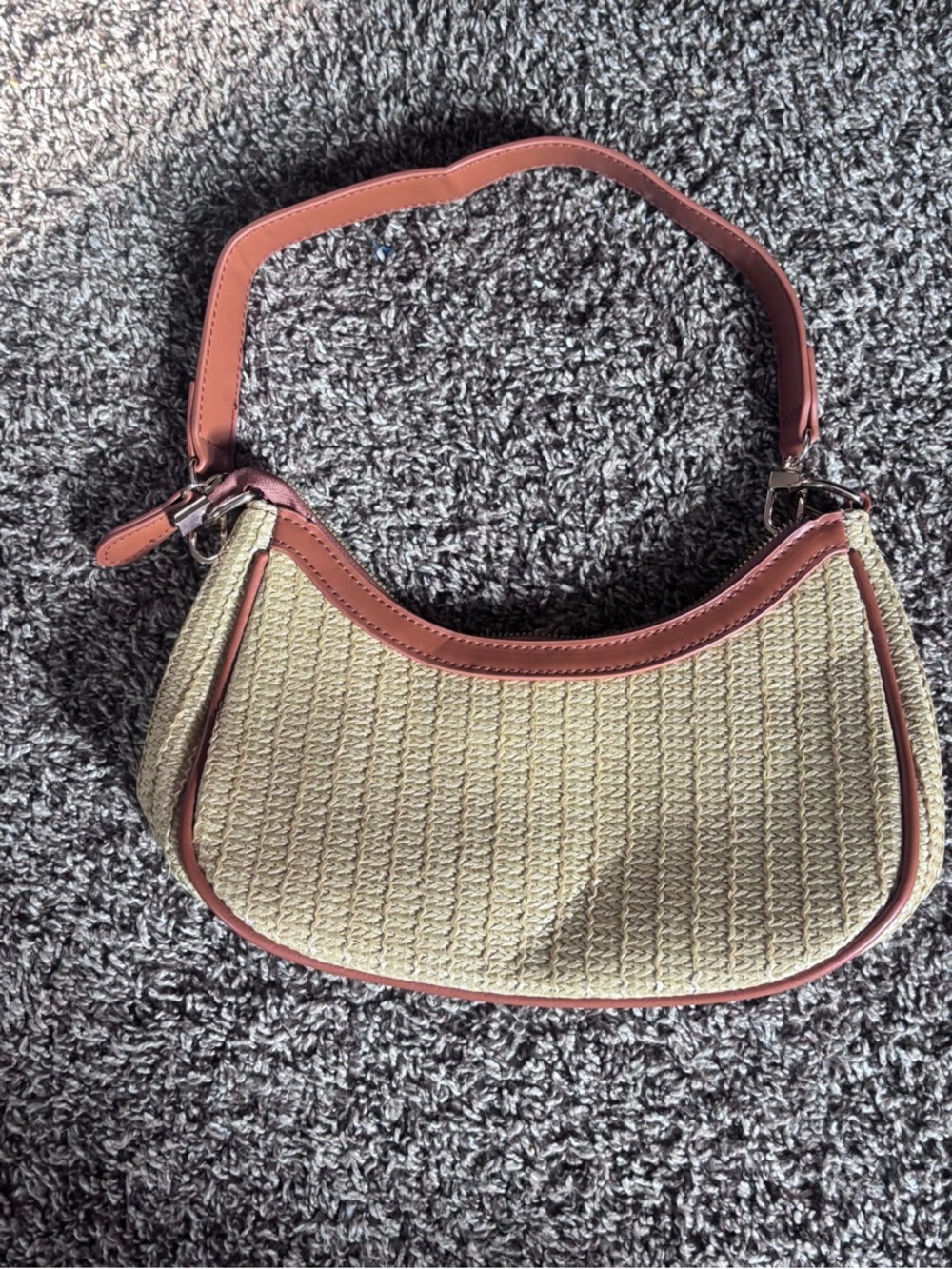Straw Woven Shoulder Bag with brown Trim